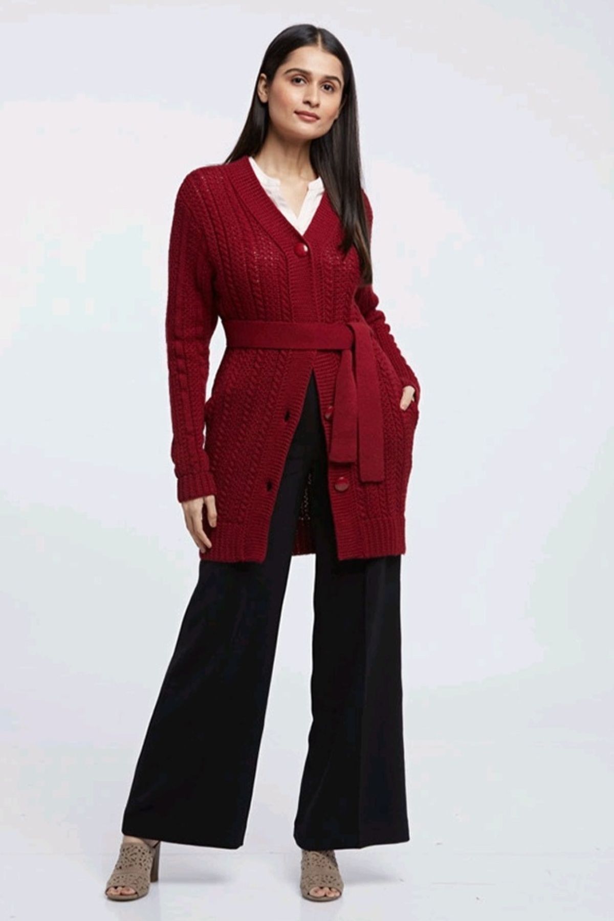 Maroon Merino Wool Long Cardigan With Belt| Women